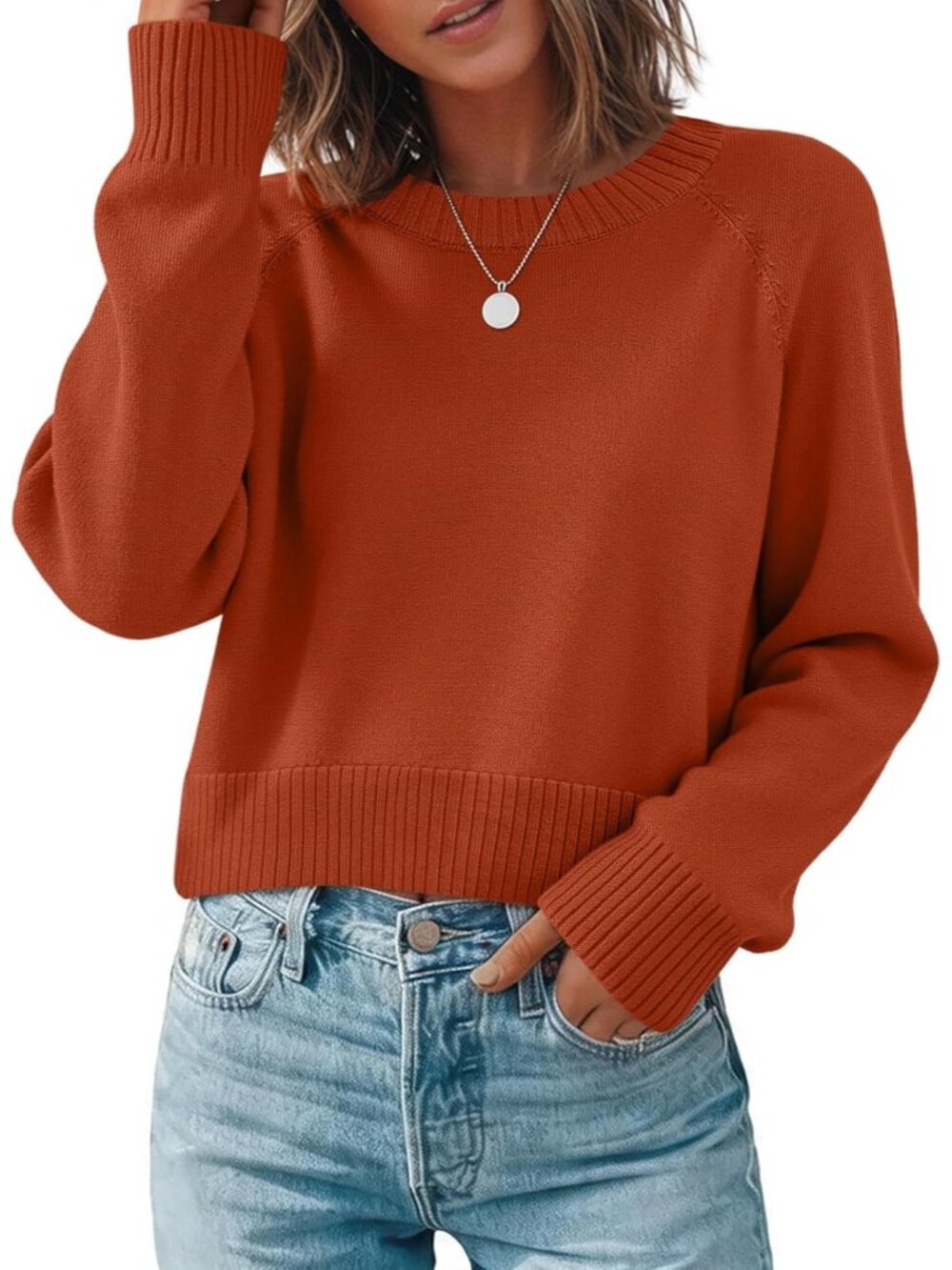 Women Orange Sweater Pullover Crew Neck Long Sleeve Classic Winter Clothing